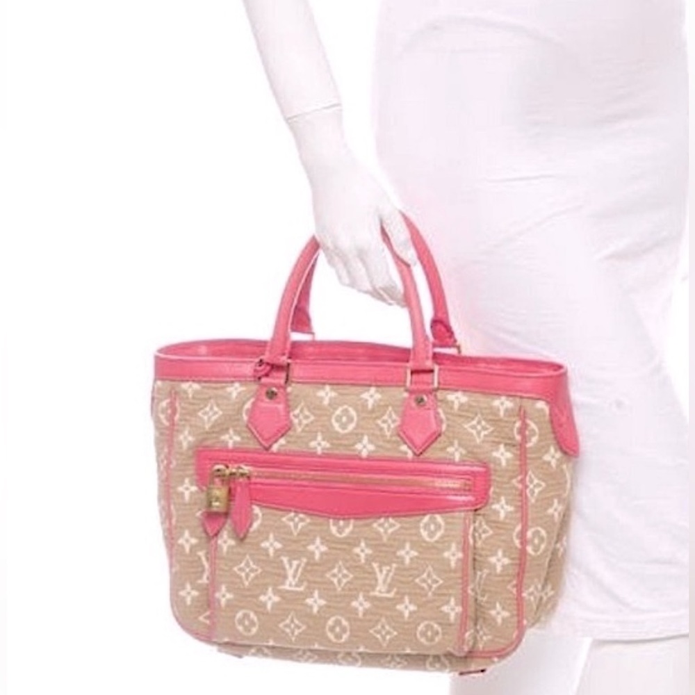 Vuitton pink leather monogram soft canvas handbag tote MM Cruise authentic New